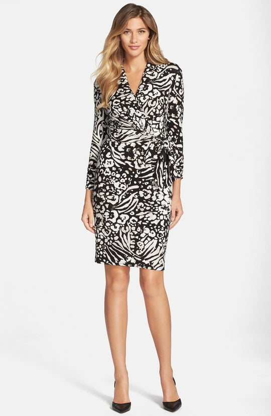 Adrianna Papell - 14244070 Contrast Print Faux Wrap Dress in Black and White