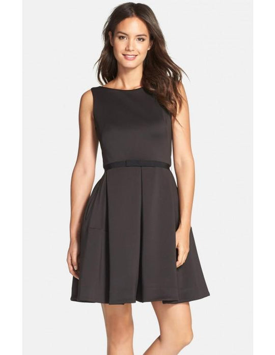 Taylor - 5682M Bateau Pleated A-line Dress in Black