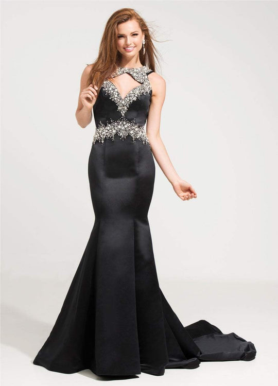 Ashley Lauren - 1086 Rhinestone Beaded Bateau Mermaid Dress With Train in Black