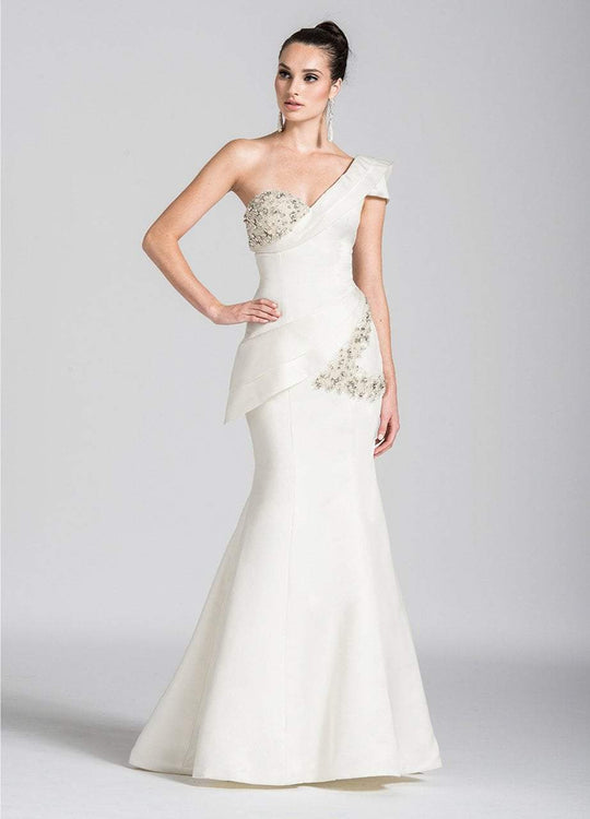 Ashley Lauren - 1087 Beaded Asymmetric Pleated Mermaid Dress in White
