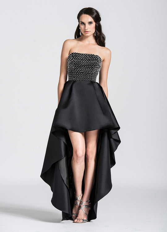 Ashley Lauren - 1089 Polka Dot Beaded High Low A-line Dress in Black