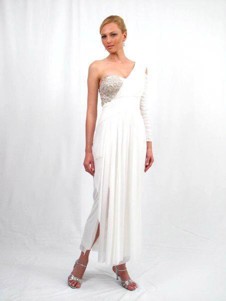 Daymor Couture - One Shoulder Ruched Empire Long Dress 108 in White