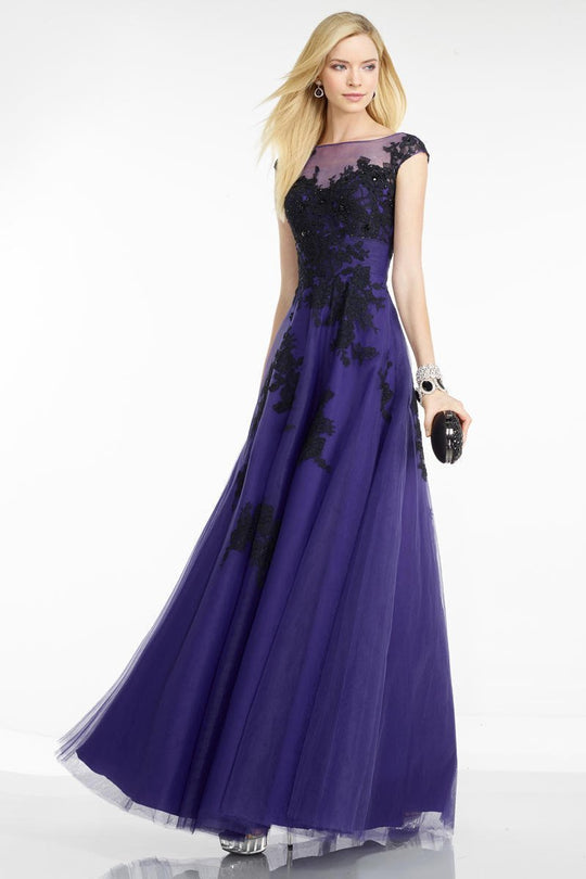 Alyce Paris - 5755 Beaded Lace Illusion Bateau A-line Dress In Purple and Black