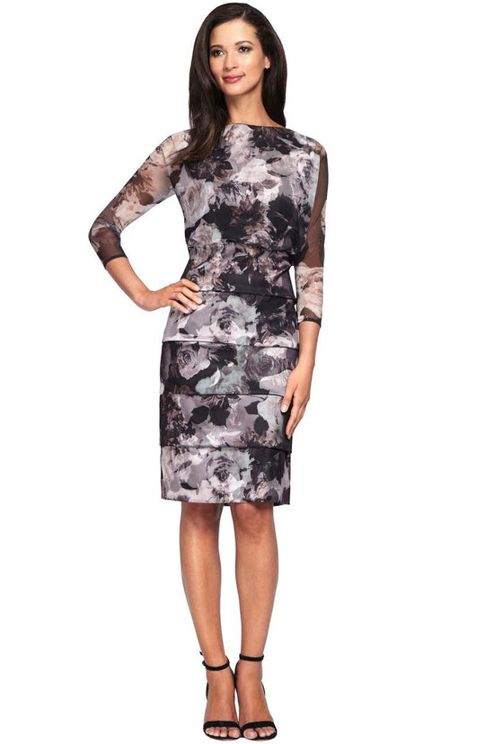 Alex Evenings - 117209 Jersey Bateau Neck Column Dress in Black and Pink