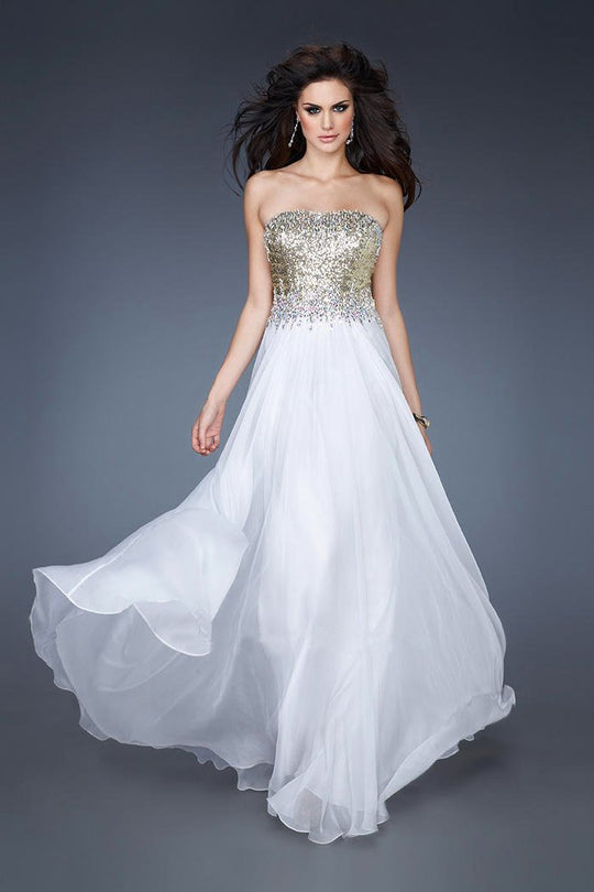 La Femme - 18556 Glossy Strapless Straight Across Neckline Gown In White