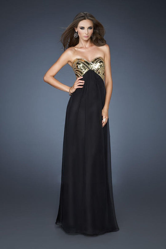 La Femme - 18608 Gold Clad Strapless Sweetheart Empire Waist Gown In Black