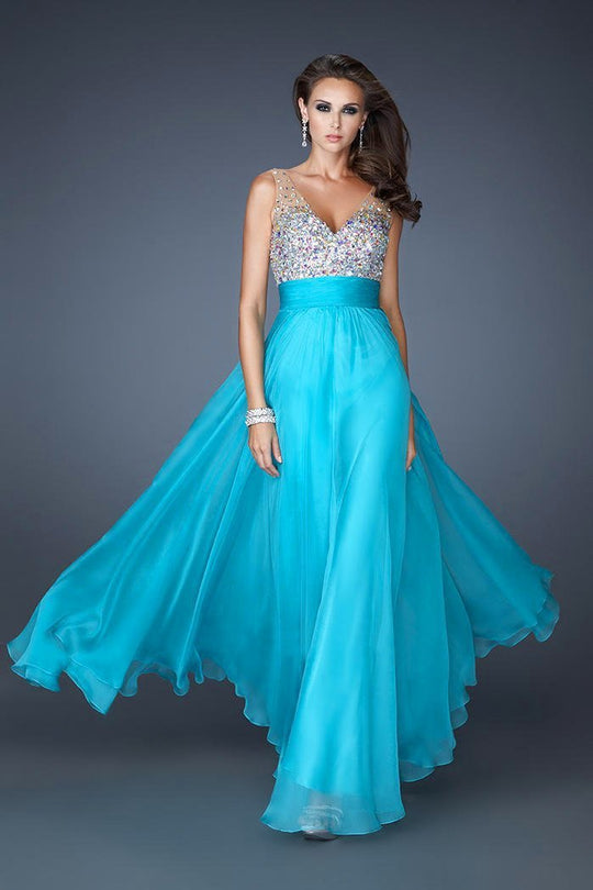 La Femme - 18669 Iridescent Stone Encrusted V-Neck A-Line Gown In Blue