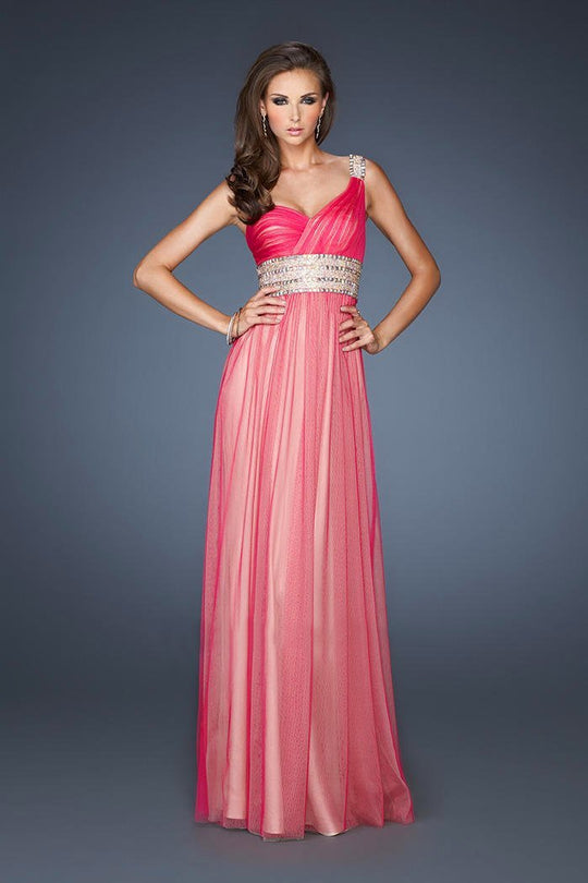 La Femme - 18965 Gorgeous One-Shoulder Empire Waist Evening Gown In Pink and Neutral
