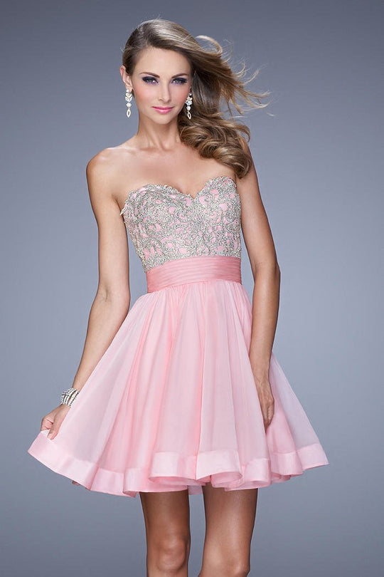 La Femme - 21202 Strapless Embroidered Chiffon Dress in Pink