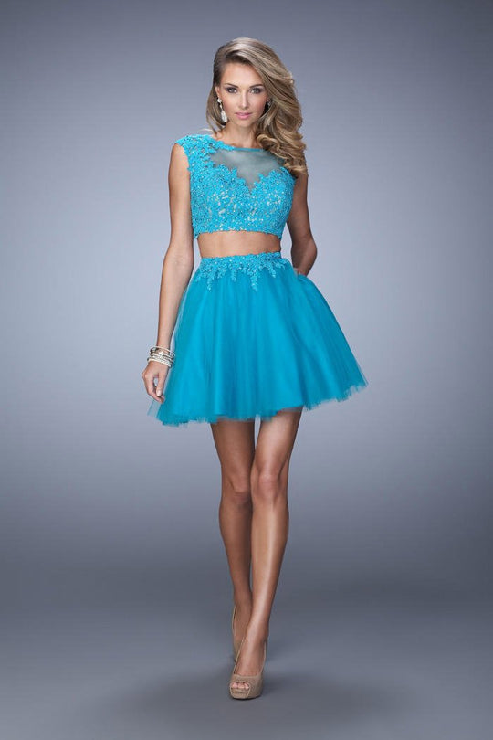 La Femme - 21878 Two Piece Bedazzled A-line Dress In Blue and Green