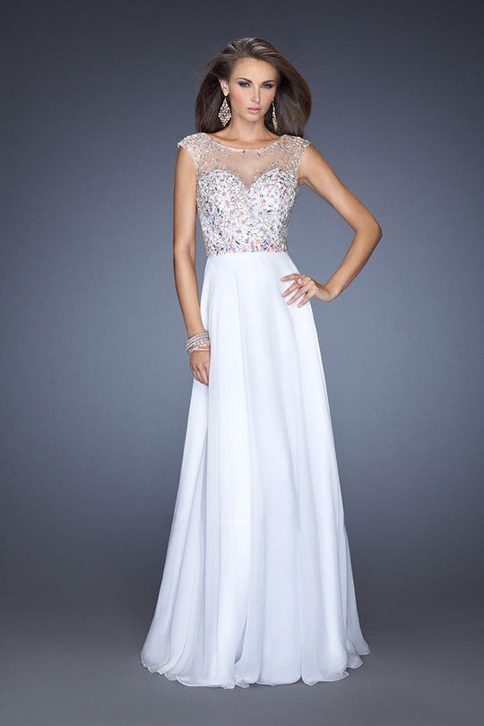 Gigi - 19858 Embellished Illusion Bateau A-line Dress In White
