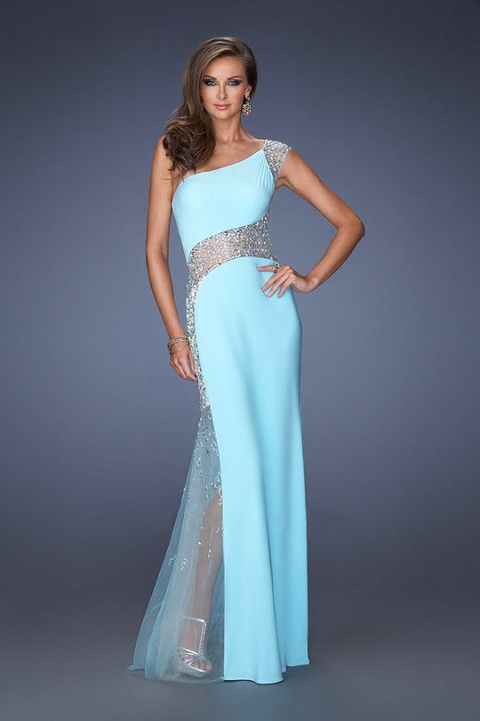 GiGi - 19867 One Shoulder Strap Sheer Embellished Gown In Aqua