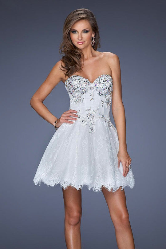 GiGi - 19964 Embellished Strapless Lace Cocktail Dress In White