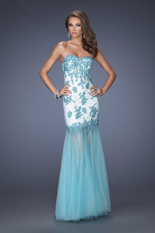 GiGi - 19966 Strapless Embellished Lace Trumpet Gown In Teal