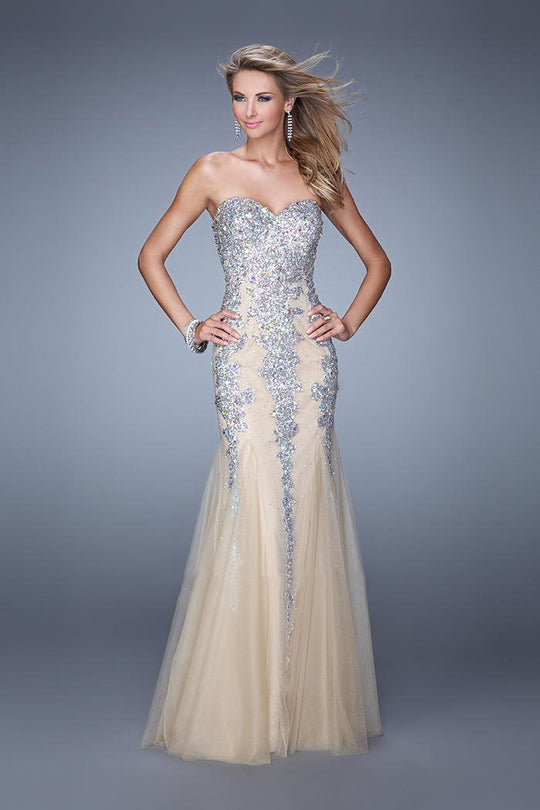 GiGi - 21358 Strapless Embellished Tulle Mermaid Gown In Silver and Neutral
