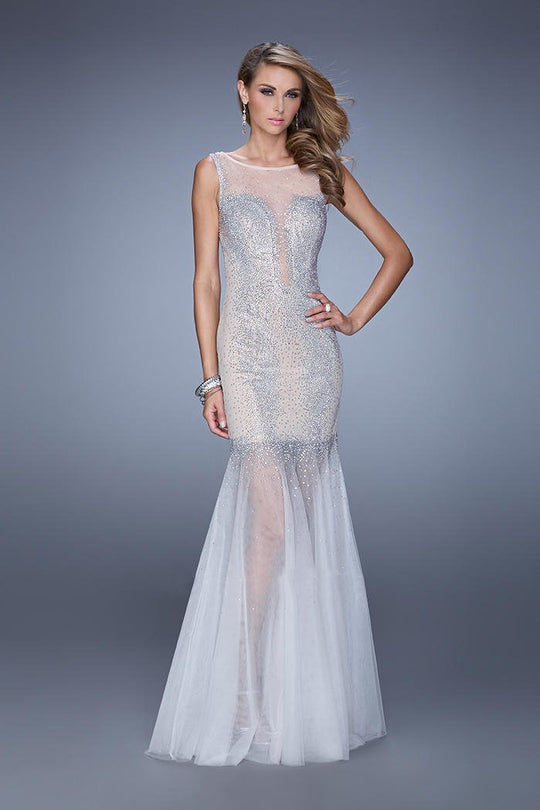 Gigi - 21466 Bateau Embellished Tulle Mermaid Gown  In White and Nude