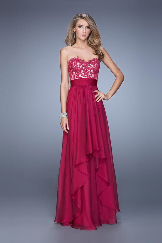 La Femme - 20557 Splendid Strapless Sweetheart  Lace and Chiffon Evening Dress In  Cranberry