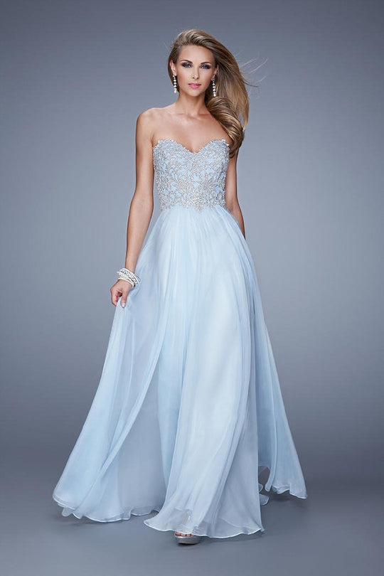 La Femme - Strapless Embroidered Chiffon A-line Dress 20888  in Blue