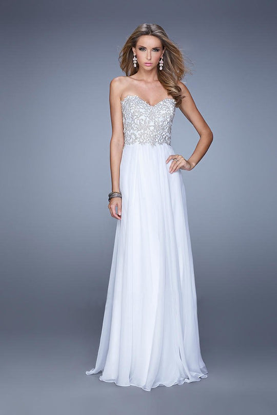 La Femme - 20888 Bead Embroidered Chiffon A-line Dress In White