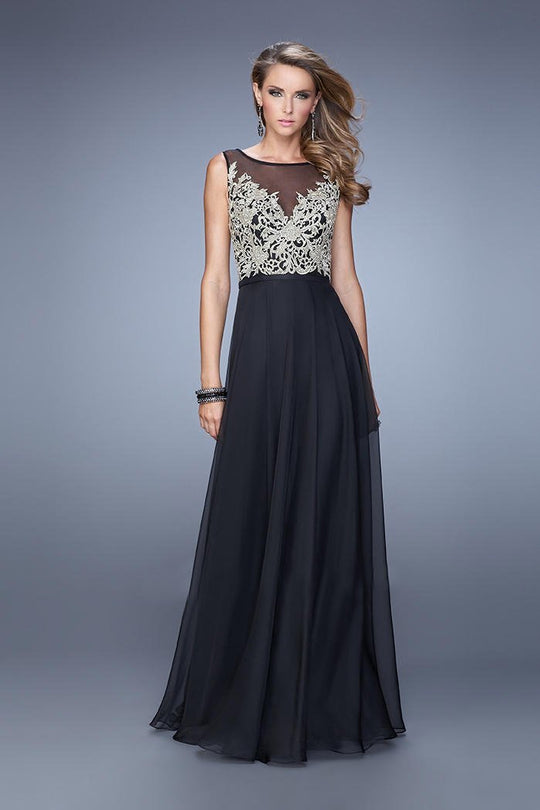 21182 Embroidered Illusion Bateau Chiffon Dress