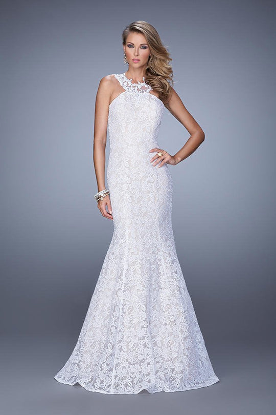 La Femme - 21389 Halter Lace Trumpet Gown in White
