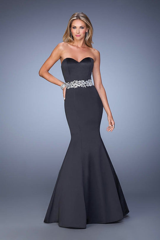La Femme - 21432 Dazzling Strapless Satin Sweetheart Mermaid Dress In Black