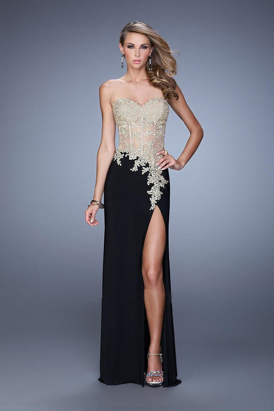 La Femme - 21472 Strapless Sweetheart Appliqued Gown in Black