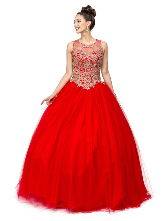 Dancing Queen - 1101 Gold Embroidered Illusion Neck Formal Ball Gown In Red