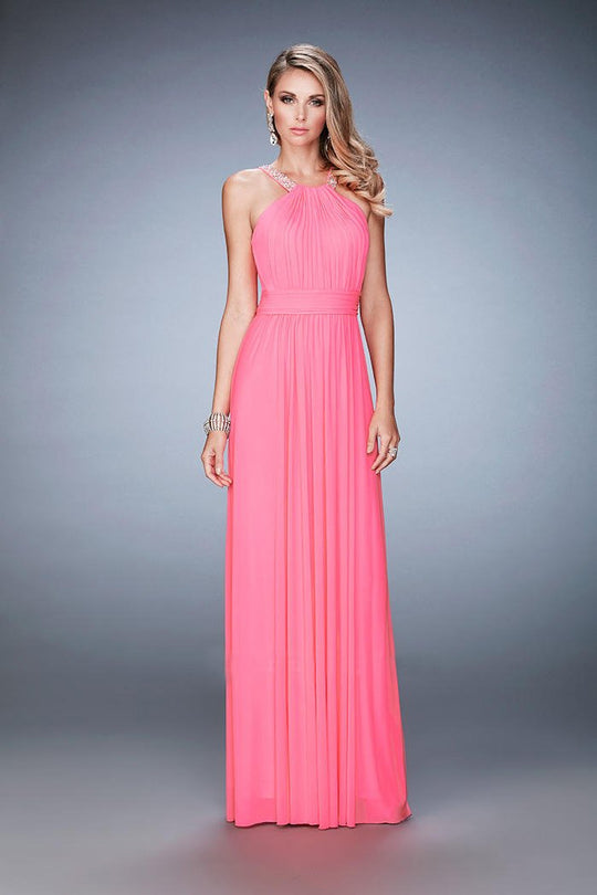 La Femme - 22107 Halter Shirred A-Line Gown in Flamingo Pink