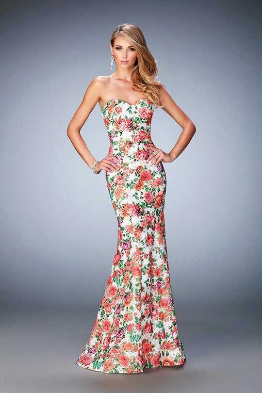 La Femme - 22820 Strapless Floral Printed Mermaid Gown In Multi-Color