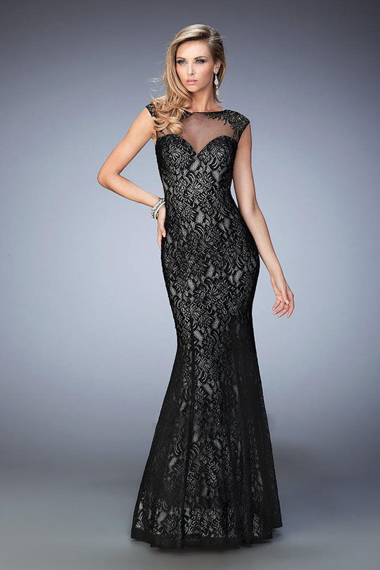 La Femme - 22323 Black Lace Illusion Mermaid Dress in Black and Pink