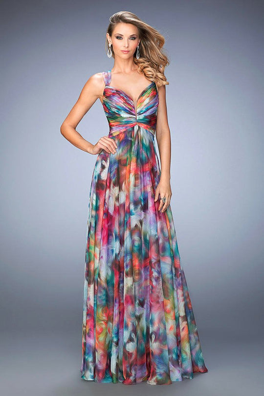La Femme - 22355 Ruched Watercolor Print Evening Gown  In Multi-Color