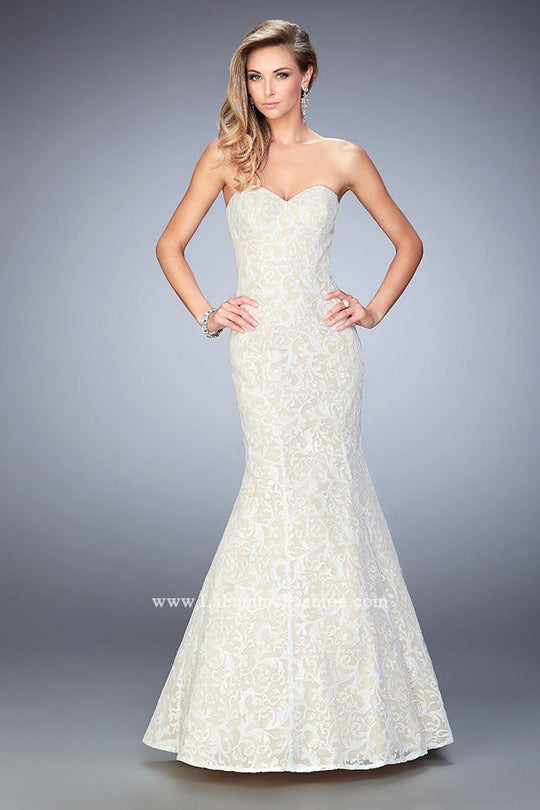 La Femme - 22390 Strapless Sequined Lace Trumpet  Gown in White and Neutral