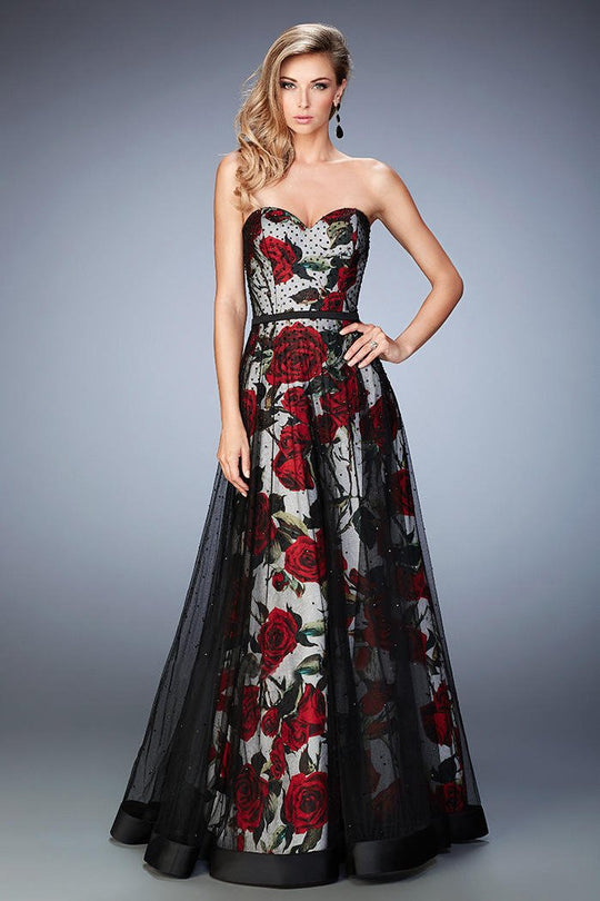 La Femme - 22489 Strapless Floral Sheer Beaded A-line Gown in Black and Multi-Color