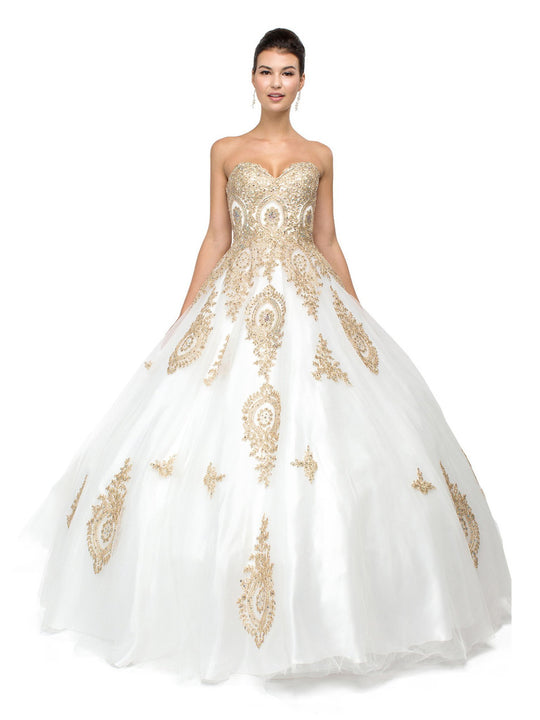 Dancing Queen - 1105 Strapless Sweetheart Gilt Appliqued Prom Ball Gown In White