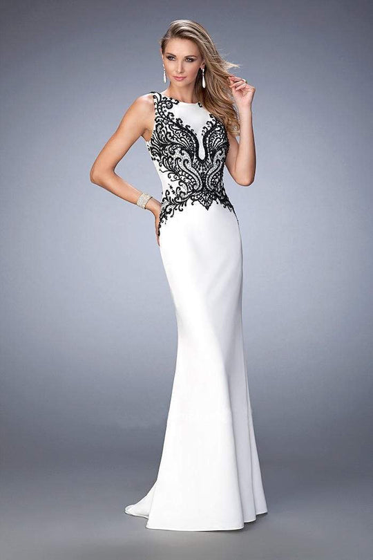 Gigi - 22654 Bateau Black Embroidered Jersey Gown In White