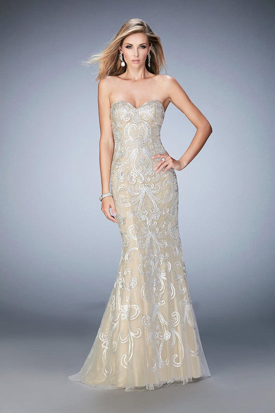 GiGi - 22931 Strapless Embroidered Evening Gown In White and Neutral