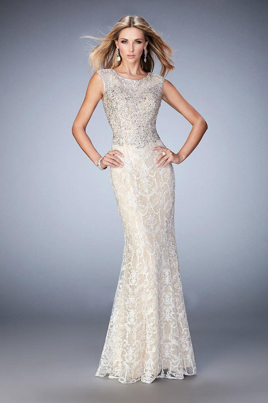 Gigi - 22934 Cap Sleeve Lace Embellished Evening Gown In White/Nude