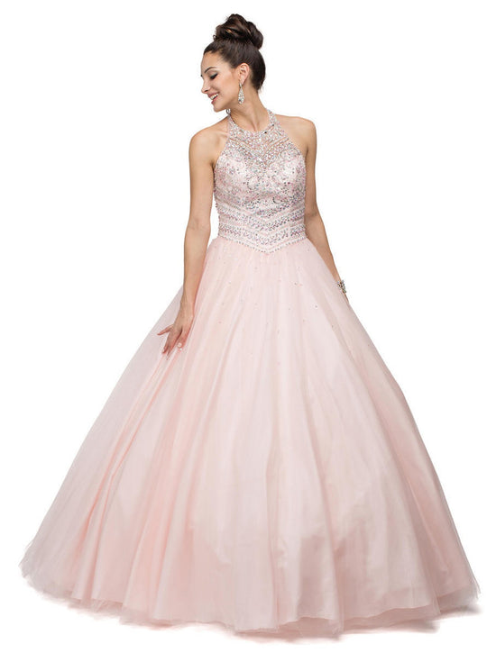 Dancing Queen - 1107 Sleeveless Beaded Halter Quinceanera Gown