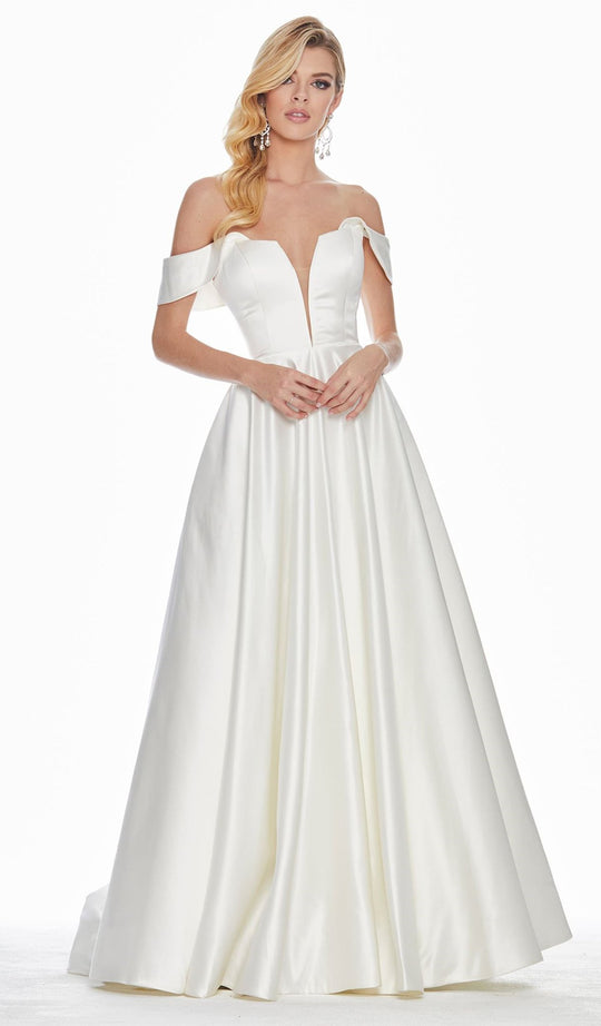Ashley Lauren - 1399 Illusion Plunging Satin Off Shoulder Gown In White