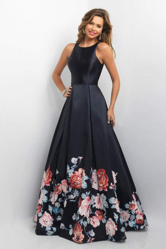 Blush - 11136 Sleeveless Mikado Floral Detail Gown In Black and Multi-Color