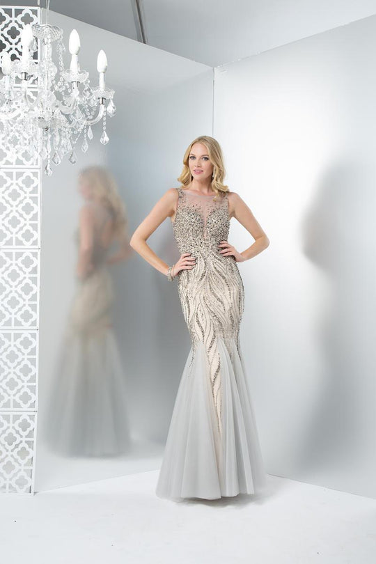 Colors Dress - 1421 Sheer Neckline Embellished Mermaid Gown In Gray