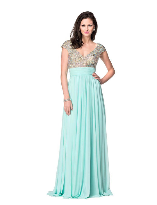 Colors Dress - 1115 Bejeweled Cap Sleeve V-Neck Gown In Blue and Green