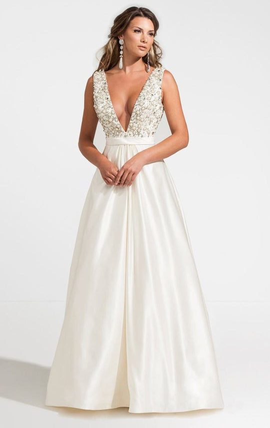 Ashley Lauren - 1121 Beaded V-Neck Ball Gown in White