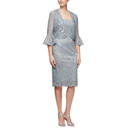 Alex Evenings - 1121982 Glitter Lace Dress with Bell Sleeved Bolero In Silver