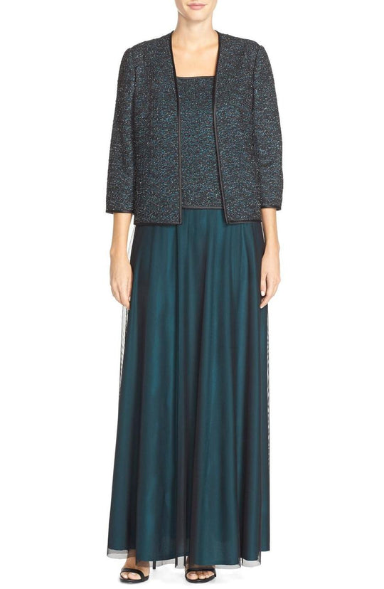 Alex Evenings - Two Piece Square Neck Jersey A-line Dress 117224 in Black and Green