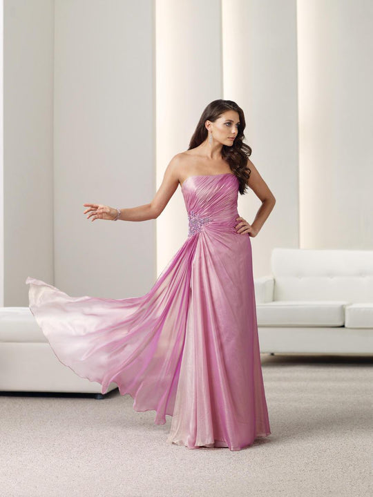 Montage by Mon Cheri - 112907 Strapless Beaded Ruched Sheath Dress In Pink