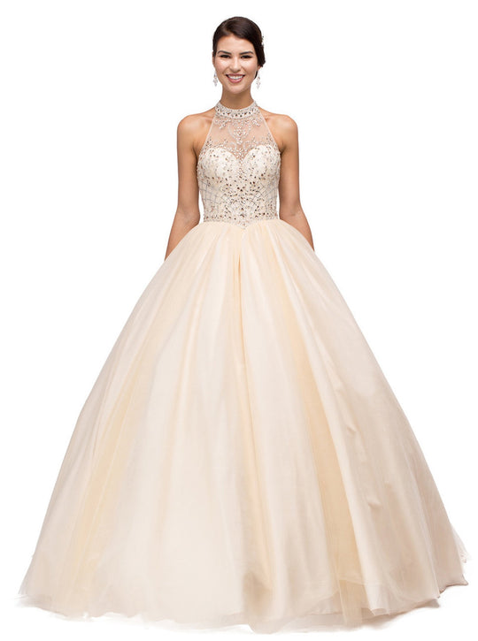 Dancing Queen - 1136 Illusion Halter Beaded Quinceanera Gown in Nude