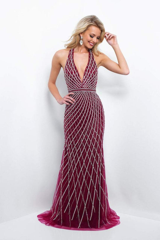 Blush - 11389 Silver Beaded Plunging Evening Gown In Red