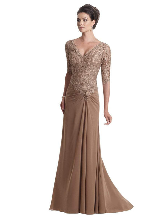 Montage by Mon Cheri - Lace Bodice V-Neck Gown in Light Coffee 113906  in Brown